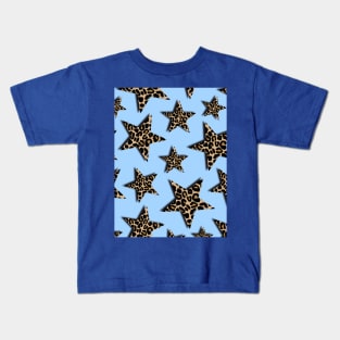 Leopard Print, Stars, on Blue Kids T-Shirt